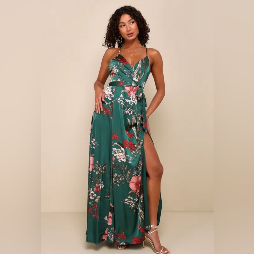 Still the One Emerald Green Floral Print Satin Maxi Dress